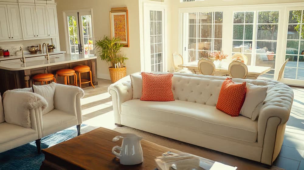Bright modern living room with a white couch, orange pillows, and large windows.